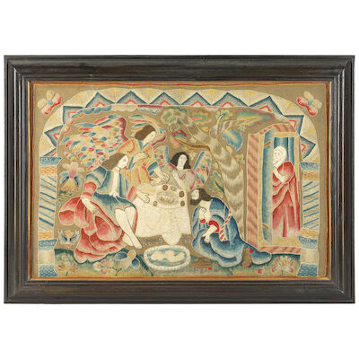 A Charles II embroidered picture of Abraham, Sarah, and the three angels Dated May 30 1681