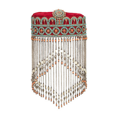 A Bukhara turquoise and coral inlaid silver headdress Uzbekistan, 19th/ 20th Century