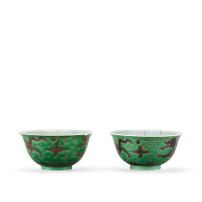 A PAIR OF GREEN-GROUND AUBERGINE-ENAMELLED 'DRAGON' BOWLS Qianlong seal mark and of the period (2)