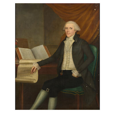 Manner of Ralph Earl, (American, 1751-1801) Portrait of a gentleman sitting by a desk with the Magna Carta and dictionary
