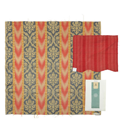 A small fragment of pale blue gauze, together with two further textiles The first French, possibly Lyon, circa 1840-60 ((3))