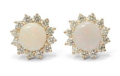 A pair of opal and diamond ear studs each set with an opal encircled by diamonds, mounted in 14k gold. (2)