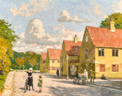 Paul Fischer: A summer's day at Nyboder, Copenhagen. Signed Paul Fischer. Oil on panel. 33 x 39 cm. A summer's day at Nyboder, Copenhagen. A young woman with a bike is talking to a small girl wearing a green dress. Signed Paul Fischer. Oil on panel. 33 x 39 cm.