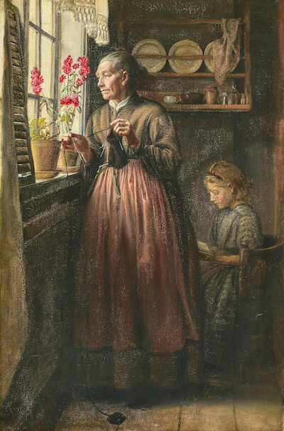 Kristian Zahrtmann: Genre painting from Bornholm. Signed with monogram 1870. Oil on canvas. 48 x 32 cm. "Genrebillede fra Bornholm. En Kone staaende ved Vinduet i en Stue, hvori en Tallerkenrække. Hun er i graagul Kjole. En lille Pige sidder og læser paa en Skammel i Baggrunden. I Vindueskarmen røde