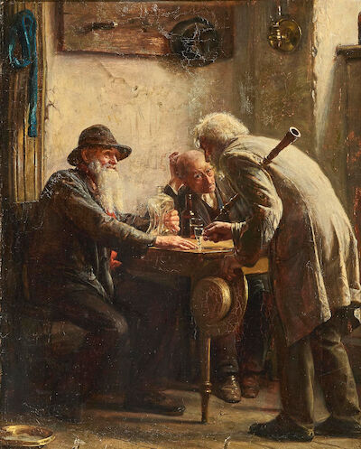 Carl Bloch: Interior with three old chaps in a tavern. Signed Carl Bloch 1871. Oil on canvas. 40.5 x 33 cm. "Tre gamle Fyre i et Værtshus". Interior with three old chaps in a tavern. Signed and dated Carl Bloch 1871. Oil on canvas. 40.5 x 33 cm.