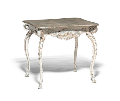 A South German Rococo painted and silvered table. Mid-18th century. H. 80 cm. L. 92 cm. W. 71 cm.