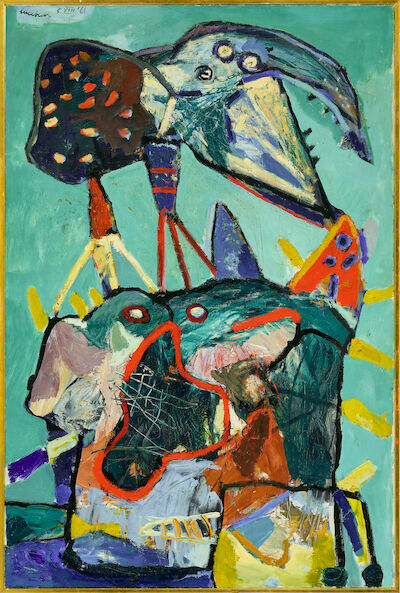 Lucebert: "Father feather", 1961. Signed Lucebert 5 VIII, '61; titled on the reverse. Oil on canvas. 150 x 100 cm. "Father feather", 1961. Signed Lucebert 5 VIII, '61; titled on the reverse. Oil on canvas. 150 x 100 cm.