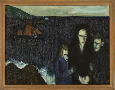 Samuel Joensen-Mikines: "Skibene lægger ud", The Faroe Islands. Signed S.J. Mikines 38. Oil on canvas. 74 x 98 cm. "Skibene lægger ud" (The ships are setting sail), The Faroe Islands. Signed S.J. Mikines 38. Oil on canvas. 74 x 98 cm.