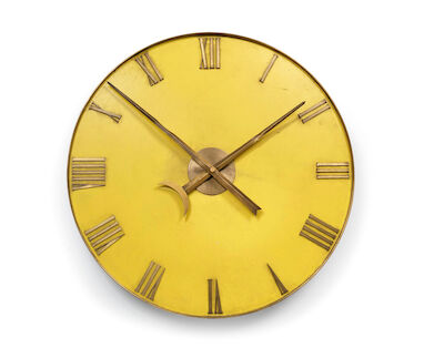 Bent Helweg-Møller: Large circular brass wall clock and yellow painted wood, Roman numerals in bronze. Large circular brass wall clock and yellow painted wood, Roman numerals in bronze. Made in 1928. D. 12.5 cm. Diam. 89 cm.