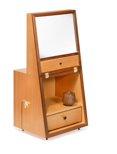 Josefine Toft: "The Vain". Oregon pine and walnut vanity case. Side and drawer with a marquetry motif of daffodil in dyed bolivar wood. "The Vain". Oregon pine and walnut vanity case. Side and drawer with a marquetry motif of daffodil in dyed bolivar wood. Flip-up mirror, behind which two drawers, s