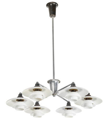 Poul Henningsen: "PH-2/1 Cup". Chandelier with six armed, nickel plated frame, bakelite socket houses. Shades of single layer opaline glass. "PH-2/1 Cup". Chandelier with six armed, nickel plated frame, bakelite socket houses. Shades of single layer opaline glass, frosted glass bottom bowls. Stamped