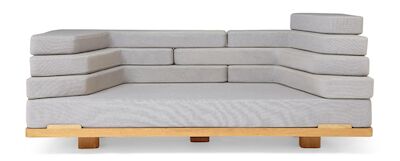 Nina Bruun: "Vary". Adjustable sofa with removable cushions. Frame of oak. Upholstered with grey wool. "Vary". Adjustable sofa with removable cushions. Frame of oak. Sides, seat and back upholstered with grey wool. Made by Nina Bruun Design Studio. H. 97 cm. L. 240 cm. D. 117 cm.
