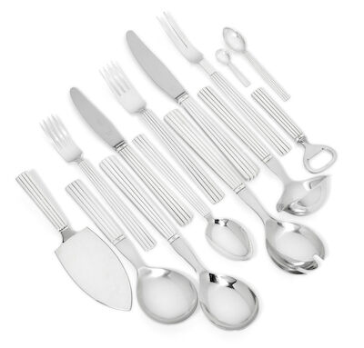 Sigvard Bernadotte: "Bernadotte". Sterling silver cutlery set. Made and marked by Georg Jensen after 1945. (81) "Bernadotte". Sterling silver cutlery set. Georg Jensen after 1945. Designed 1939. Weight excluding pieces with steel 2456 g. (81)